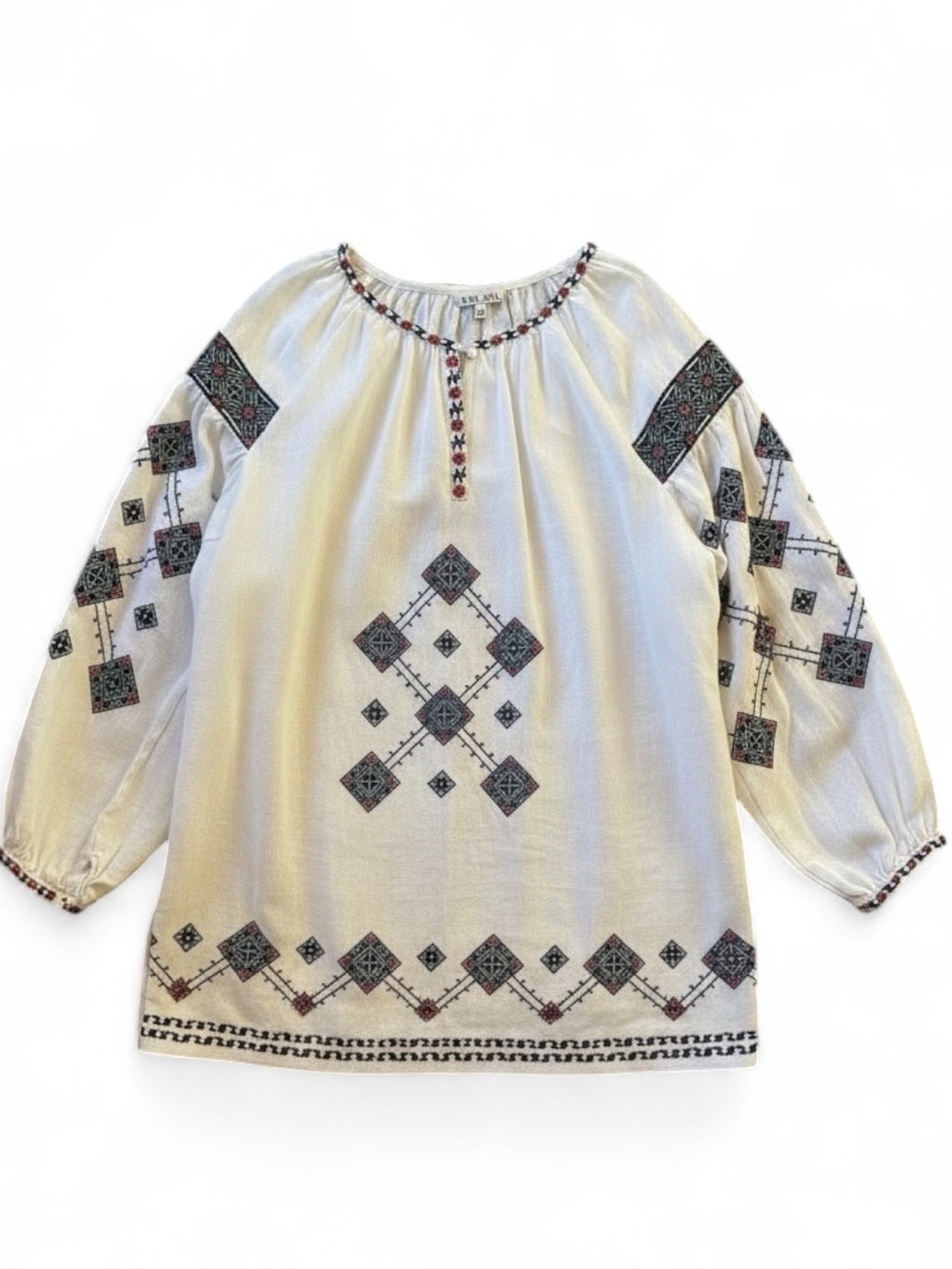 Alex Mill White Linen Embroidered Folk Top Size L